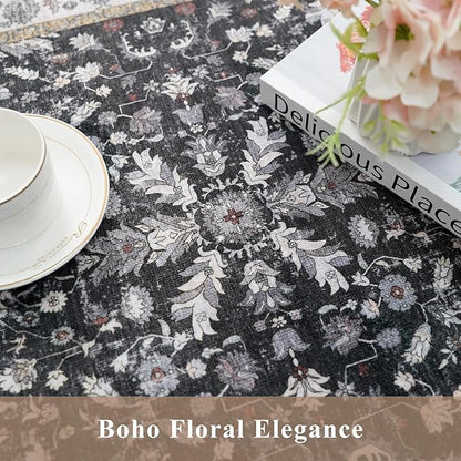 3x7 Washable Non-Slip Kitchen Runner Rug – Soft Low-Pile Stain-Resistant Carpet for Hallway Entryway Bedroom Laundry Room Bathroom – Boho Floral Wide Floor Runner with Rubber Backing (Black,3x7)