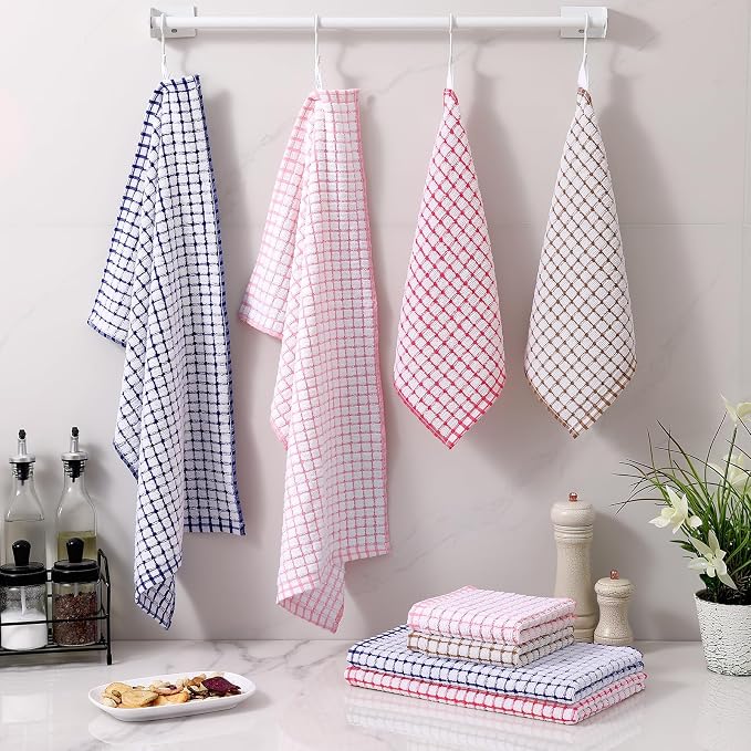 Homaxy Kitchen Towels and Dishcloths Set, 16 x 25 and 12 x 12 Inches, Set of 8 Cotton Terry Kitchen Dish Towels, Super Soft and Absorbent Dish Cloths, Blue/Pink/Red/Brown
