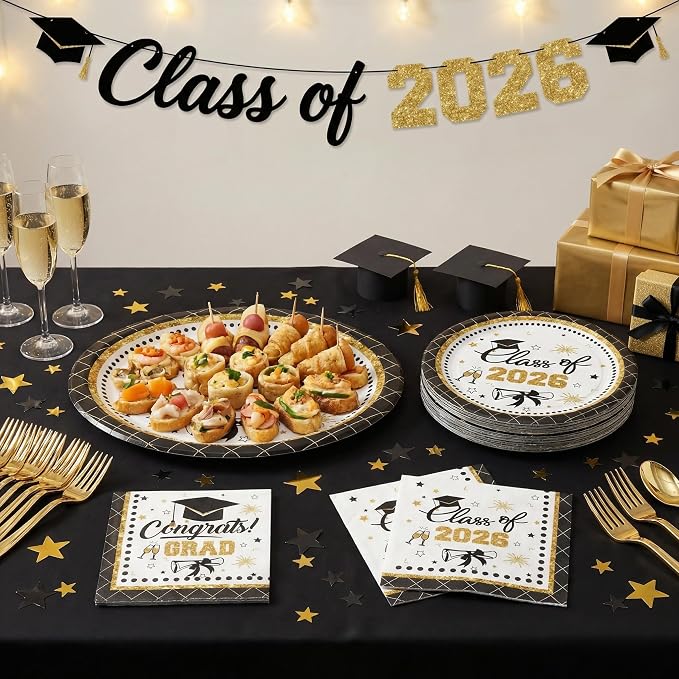 Dereinwo 100 PCS Graduation Paper Plates and Napkins | Bundle Includes Paper Oval Dinner Plates Dessert Plates and Napkins for Graduation Party Supplies