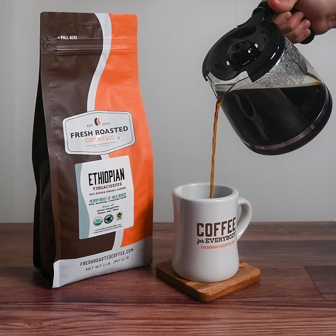 Fresh Roasted Coffee, Organic Ethiopian Yirgacheffe | USDA Organic, Mold & Myco 3rd Party Tested, Kosher | 2 lb (32 oz, Ground