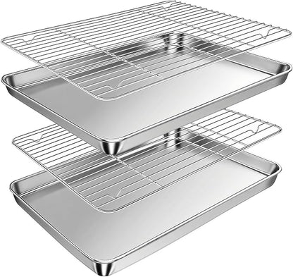 Baking Sheet with Rack Set (2 Pans + 2 Racks), 16 x 12 x 1 Inch Stainless Steel Cookie Sheet Baking Pan Tray with Cooling Rack, Jelly Roll Pan with Wire Rack, Warp Resistant & Heavy Duty & Rust Proof