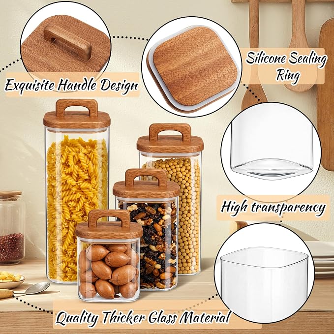 Layhit 4 Pcs Glass Food Storage Jars with Airtight Wood Lid Storage Jars Containers with Stickers Marker for Candy, Cookie, Rice, Sugar, Flour, Pasta, Nuts, 4 Size (Square)