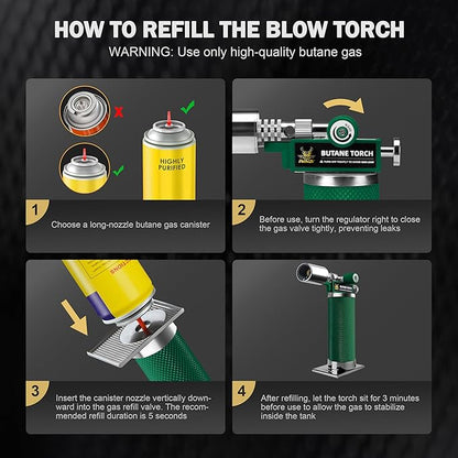 RAVS Butane Torch Lighter, Premium Metal Creme Brulee Torch with Adjustable Flame & Safety Buckle, Cooking Torch for Baking, BBQ, DIY, Green, Butane Gas Not Included