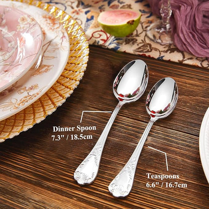KEAWELL Premium Regalia 4-Piece Spoon Set 6.6-Inch – Ornate 18/10 Stainless Steel Silverware with European Luxury Handles, Dishwasher Safe for Elegant Dining (Silver, Teaspoons)