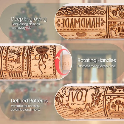 Valentine Embossed Rolling Pins for Cookies, Wooden Engraved Rolling Pin for Baking, Embossing Rolling Pin with Design Patterned Rolling Pin Decorative Springerle Cookie Mold Stamp Clay Pattern Roller