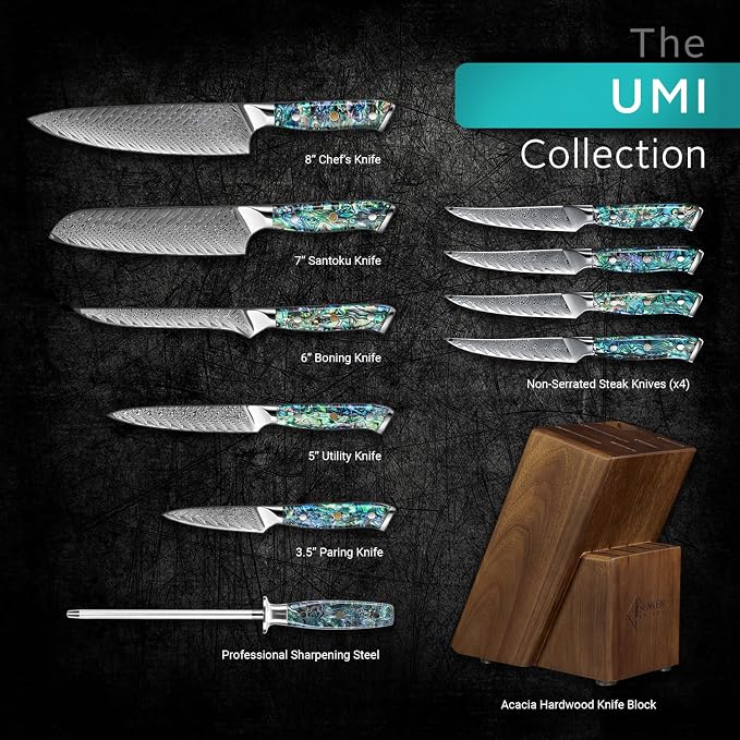 SENKEN 11-Piece Damascus Knife Block Set with Abalone Shell Handle - "Umi" Collection Japanese Chef Knife Set - 67-Layer Japanese VG10 Steel, Chef's Knife, Santoku, Paring, 4 Steak Knives & More