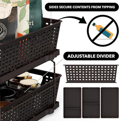 Simple Houseware 2 Tier Bathroom Organizer Tray Pull-Out Sliding Drawer, Under Sink Storage, Brown