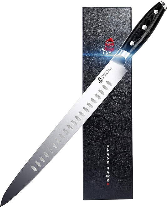 TUO Carving Knife - 12 Inch Brisket Slicing Knife for Grilled Meat and Bacon - High Carbon German Steel - Pakkawood Handle with Gift Box - BLACK HAWK SERIES