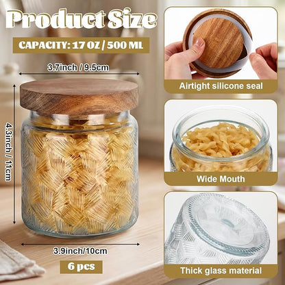 Suclain 6 Pcs 17 OZ Vintage Glass Jar with Acacia Wood Lids Airtight Glass Storage Canisters Kitchen Spice Jars Food Storage Containers for Pantry Coffee Grains Tea Sugar Flour(Fan-shaped)