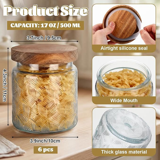 Suclain 6 Pcs 17 OZ Vintage Glass Jar with Acacia Wood Lids Airtight Glass Storage Canisters Kitchen Spice Jars Food Storage Containers for Pantry Coffee Grains Tea Sugar Flour(Fan-shaped)