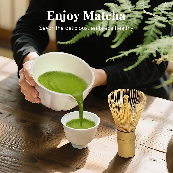 Renmxj Matcha Whisk Set,7 PCS Ceramic Matcha Kit Includes Matcha Bowl with Spout, Matcha Whisk and Holder, Bamboo Scoop, Stainless Sifter, Tea Towel, Unique Gift for Matcha Lovers (White)