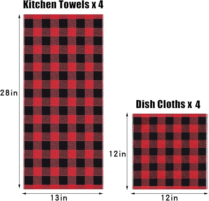 Homaxy Kitchen Towels and Dishcloths Set, 12" x 12" and 13" x 28", Set of 8 Bulk Cotton Waffle Weave Dish Towels, Super Soft Absorbent Hand Towels for Kitchen, Red & Black
