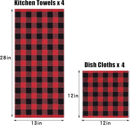 Homaxy Kitchen Towels and Dishcloths Set, 12" x 12" and 13" x 28", Set of 8 Bulk Cotton Waffle Weave Dish Towels, Super Soft Absorbent Hand Towels for Kitchen, Red & Black