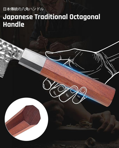 YOTSUBA 7" Damascus Japanese Santoku Chef Knife – Forged High Carbon Stainless Steel (60±2 HRC) – Ultra Sharp & Long-Lasting – Pro Chef Knife with Ergonomic Natural Hardwood Handle – Gift for Kitchen