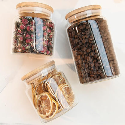 Custde 17 floz Small Glass Storage Containers with Lids,Candy Jar with Lid, Glass Food Storage Containers for Kitchen Counter, Pantry, Decorative Jar for Coffee, Sugar,Tea, Cute Jar(Bamboo 17 FL OZ)