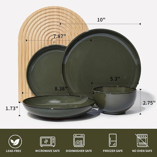 Pokini 16 Piece Double Bowl Dinnerware Sets with Pasta Bowls, Highly Chip and Crack Resistant Plates and Bowls Sets, Natural Earthyware Ceramic Dishware Sets, Service for 4 Blackish Green