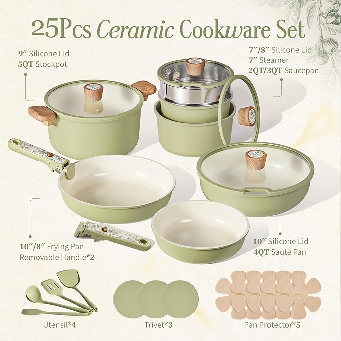 CAROTE 25-Piece Ceramic Cookware Set, Nonstick Pots and Pans Set with Detachable Handle, Non-Toxic Kitchen Cooking Set, Dishwasher & Oven Safe, Induction Compatible, PFAS Free
