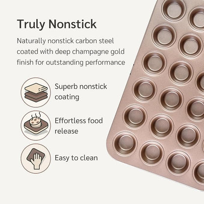 HAPPIELS 24 Cup Mini Muffin Pan Nonstick for Oven Baking, PFOA & BPA Free | Nontoxic Mini Cupcake Tin | Best Non Stick Muffin Pans | Carbon Steel Small Muffin tins | Cupcakes Bakeware Mold