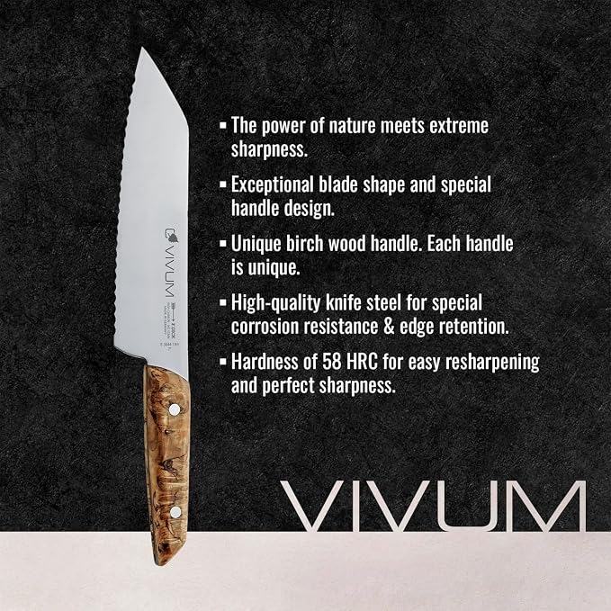 F. DICK – VIVUM Allround Knife – Universal Knife with scalloped edge - 7" blade & 58 HRC - all foods with a hard crust or shell - Stainless steel - Ultra sharp - Birchwood handle – Made in Germany