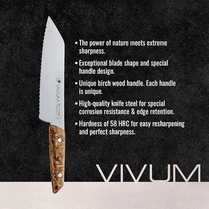 F. DICK – VIVUM Allround Knife – Universal Knife with scalloped edge - 7" blade & 58 HRC - all foods with a hard crust or shell - Stainless steel - Ultra sharp - Birchwood handle – Made in Germany