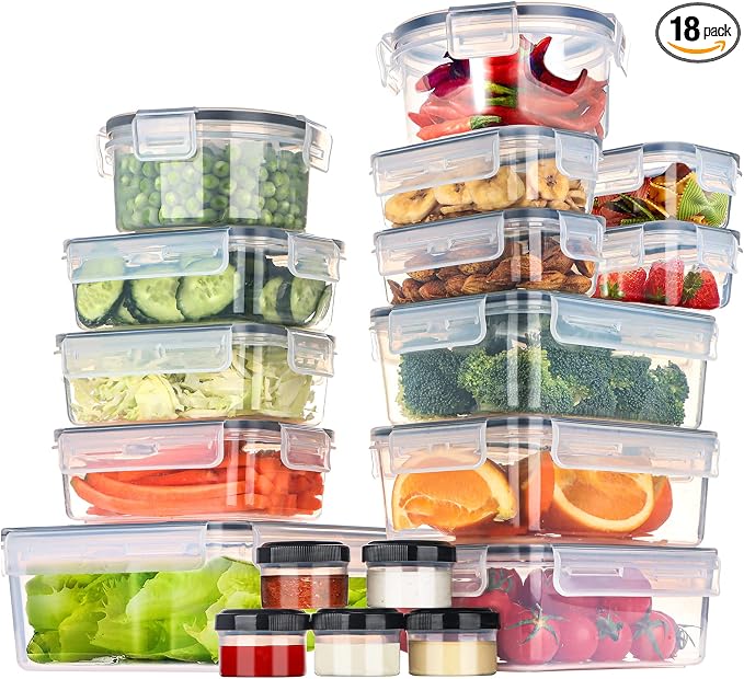FILTA 18 Pack Food Storage Containers with Airtight Lids: Leak-Proof Plastic Containers for Kitchen Organization, Meal Prep, Lunch Containers Organization(BPA-Free)