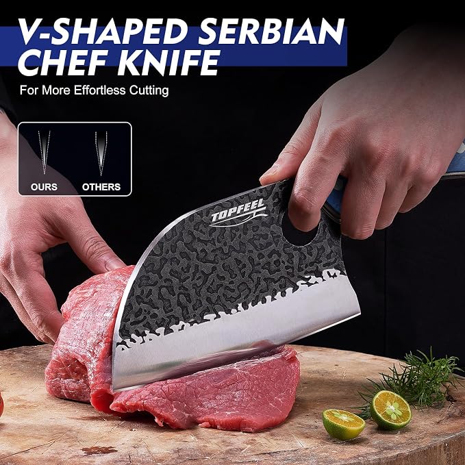 6.8Inch Serbian Chef Knife- Butcher Knife Meat Cleaver Set for Cooking, Chopping. Kitchen Knives with Leather Sheath for Home, Camping, BBQ