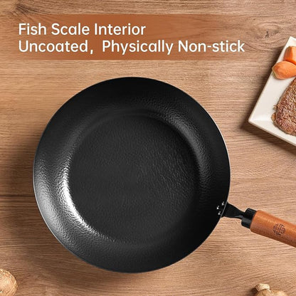 WANGYUANJI 11 Inch Carbon Steel Skillet with Lid-Flat Bottom Frying Pan for Searing & Browning,Nitrided Iron Sauté Pan with Removable Handle-Induction Compatible (No Coating,Cooks Crispier&Juicier)