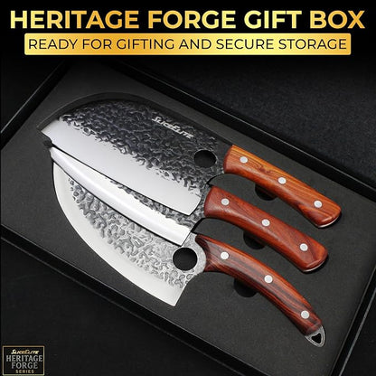 SliceElite Hand-Forged Professional Butcher Knife (3 PC BUTCHER KNIFE SET W/SANDLEWOOD HANDLES)