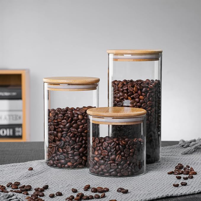MOLFUJ 550 ML / 18 FL Oz Glass Storage Container with Wood Lid, Stackable Clear Decorative Organizer Bottle Canister Pantry Jar with Air Tight Wooden Lid for Food, Coffee, Candy, Sugar, Salt, Tea