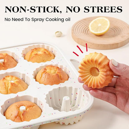 2 Pc Silicone Mini Fluted Tube Cake Pans with Metal Frame, 6-Cavity Non-Stick Moldes De Silicona Para Gelatina, Mini Flan Molds for Cupcake, Donuts, Muffin, Cornbread, Brownie, Jellies (Cream)
