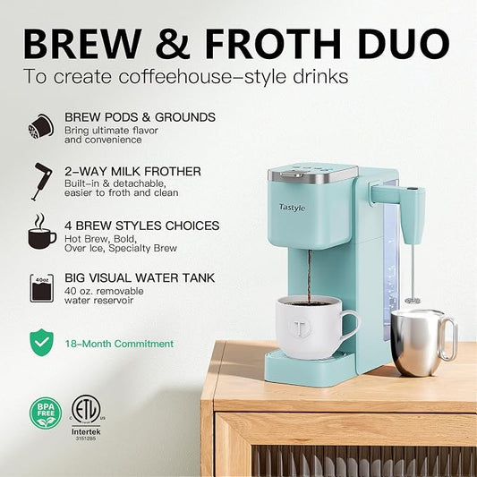 Tastyle 330MF Single Serve Coffee Maker with Built-in Detachable Milk Frother, Iced and Hot Coffee Machine for K Cup & Grounds, 40oz Removable Water Reservoir, 6 Cup Sizes, Fits 7.3" Travel Mug, Teal