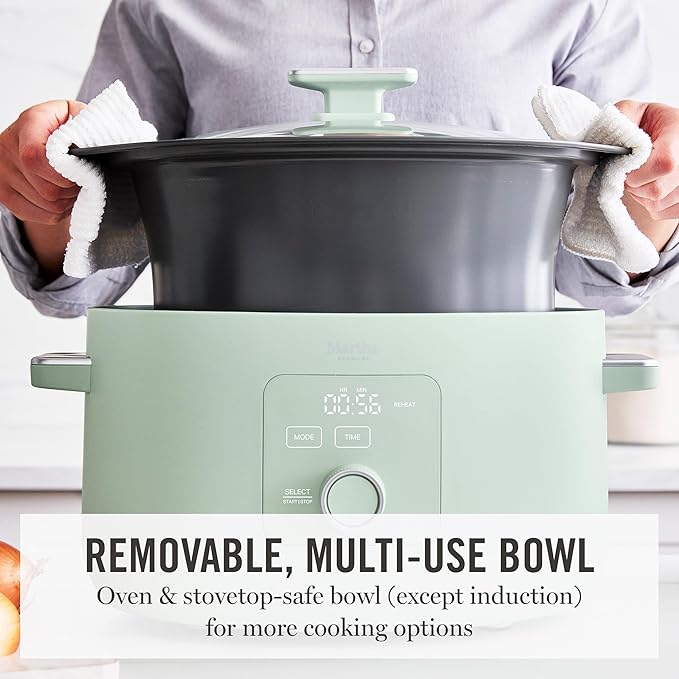 Martha Stewart 8 Quart Slow Cooker, Ceramic Nonstick Removable Bowl, Programmable with Timer, Stovetop & Oven Safe, 3 Temperature Settings, Simmer, Reheat, Warm, Glass Lid, Cool Touch Handles,Honeydew