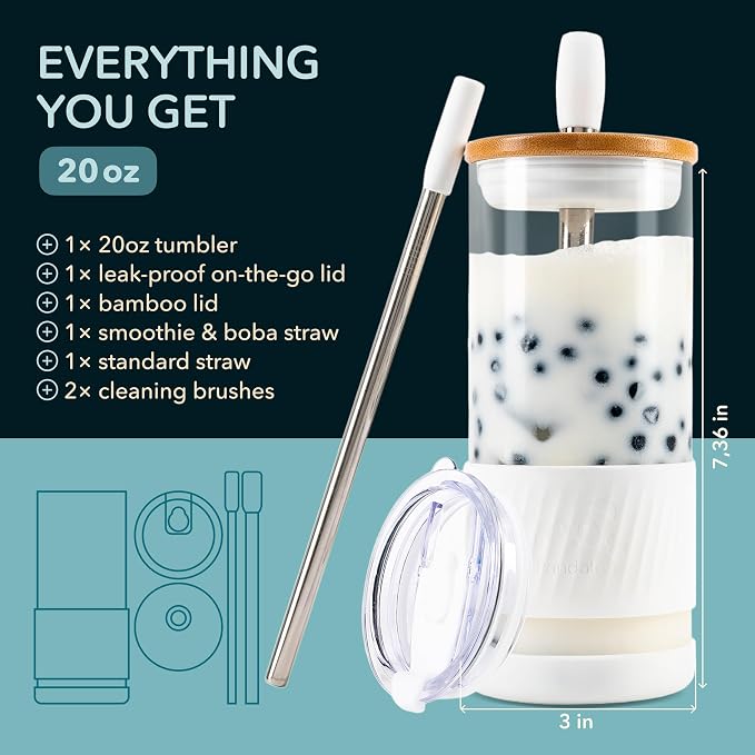 Pandaloo® Glass Cups With Lids and Straws -20 Fl Oz- Perfect Size Iced Coffee Cup - Smoothie Cup With Bamboo Lid and On the go Lid - Glass Tumbler With Straw (1 Count (Pack of 1), Coton White)