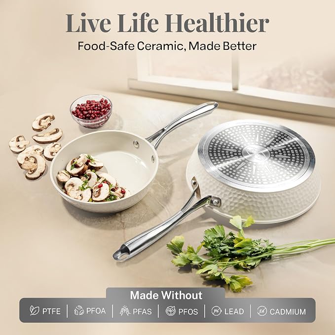 GOTHAM STEEL Hammered 10 Inch Non Stick Frying Pans with Lid, Frying Pans Nonstick with Lid, Non Toxic PFOA PFOS Free, Skillet Pan for Cooking, Induction Oven and Dishwasher Safe – Cream