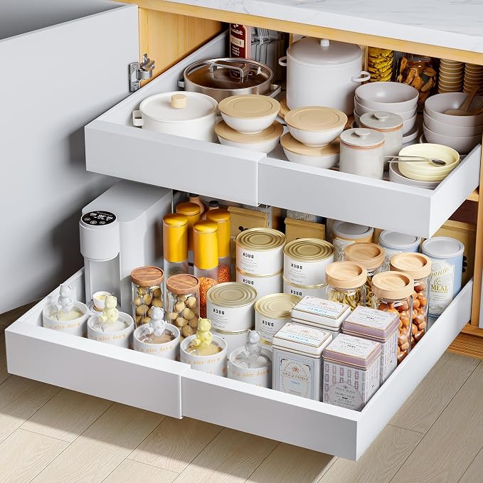 Nacial Pull Out Cabinet Organizer, Large Expandable (17.1"-26.8") Heavy Duty Slide out Drawers with 3 Slides 6 Adhesive, Peel and Stick Pull Out Shelf for Kitchen Pantry Bathroom Organization