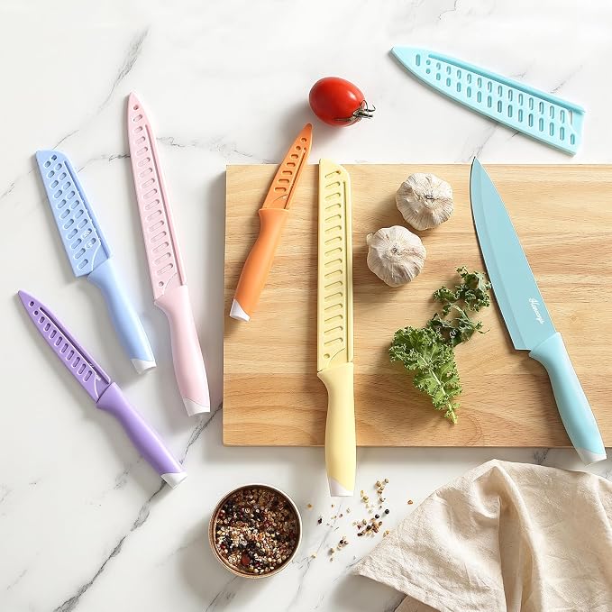 Knife Set, 13 PCS Kitchen Knives Set with Nonstick Ceramic Anti-Rust Coating, Stainless Steel Chef Knife Sets with 6 Blade Guards, Dishwasher Safe, House Warming Gifts New Home