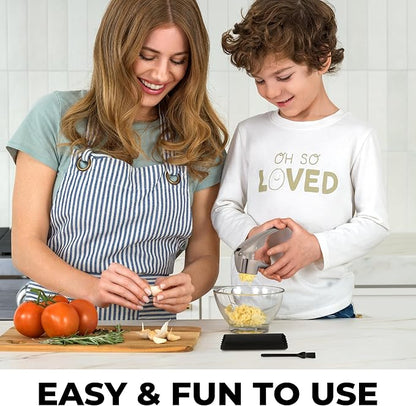 Zulay Kitchen Premium Garlic Press Set – Rust Proof & Dishwasher Safe Garlic Mincer Tool with Silicone Garlic Peeler & Brush, Easy Squeeze & Clean, Ergonomic Soft Grip Handle - Medium – Silver