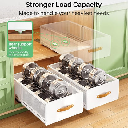 Pull out Cabinet Organizer, Expandable Depth(15.7"-21.7") with Raising Pad for Framed Cabinets, Heavy Duty Slide out Drawers, Adhesive Roll Out Shelves for Kitchen, Pantry Storage(White, 1-Pack)