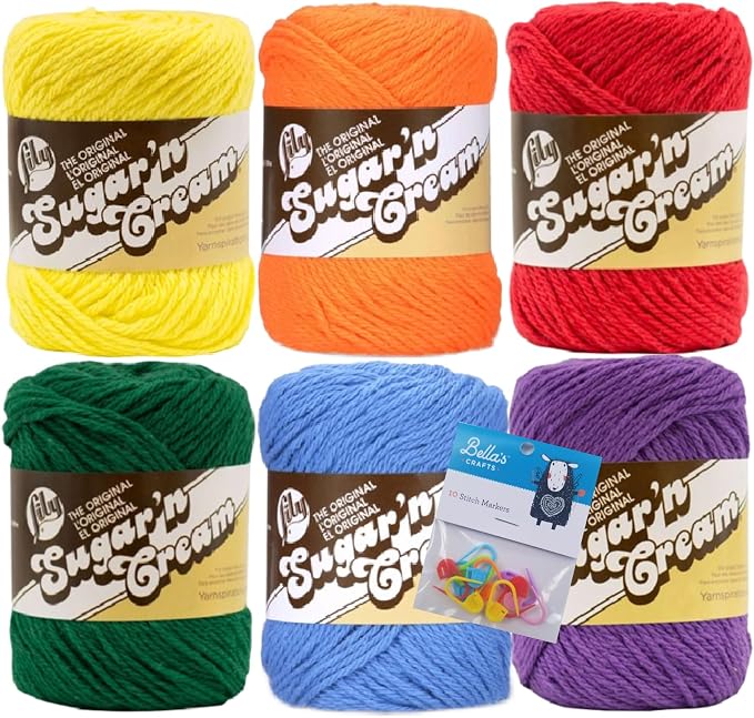 Lily Sugar'n Cream 100% Cotton Yarn 6-Pack Bundle with Bella's Crafts Stitch Markers (Rainbow)