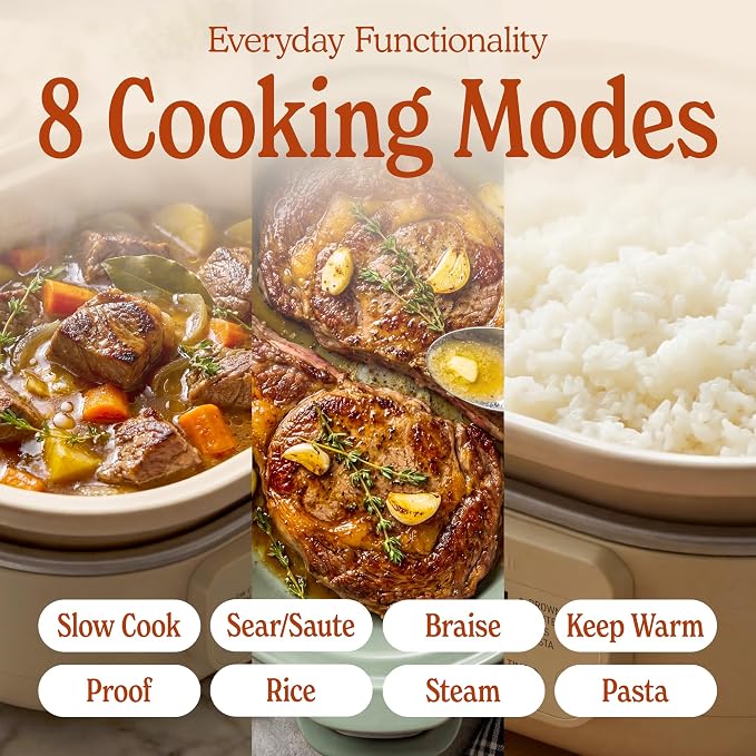 6 Quart Claypot Slow Cooker, 8-in-1 Multi Cooker with Removable Non-Toxic Stoneware Crock, Programmable Casserole Slow Cooker, Rice-cooking, Nonstick, Oven Safe Pot to 450°F, Oatmeal