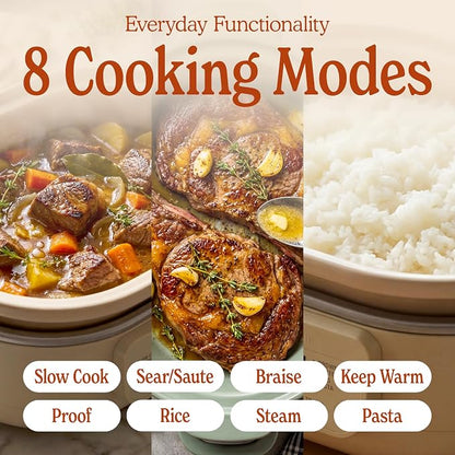 6 Quart Claypot Slow Cooker, 8-in-1 Multi Cooker with Removable Non-Toxic Stoneware Crock, Programmable Casserole Slow Cooker, Rice-cooking, Nonstick, Oven Safe Pot to 450°F, Oatmeal