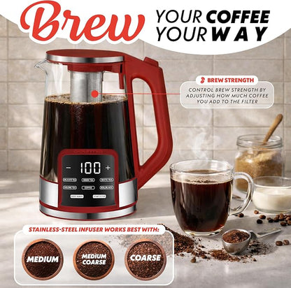 Gourmia Electric Glass Kettle – 1.7L Programmable Tea & Coffee Brewer with Digital Touch Display, 6 Presets, Removable Stainless Steel Infuser, Cordless with 360° Swivel Base, Red