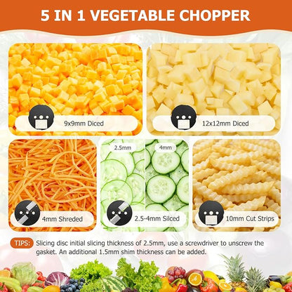 5-In-1 Electric Vegetable Chopper, Commercial Vegetable Slicer Food Processor Veggie Food Dicer with Slicing Shredding Striping for Onion Potato Cabbage Fruit Cutter Home Use