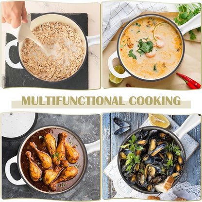 E-far Enameled Cast Iron Sauce Pan, 3 Quart Dutch Oven Saucepan with Lid, Small Sauce Pot for Cooking, Boiling, Healthy & Non Toxic, Induction & Oven Safe, White