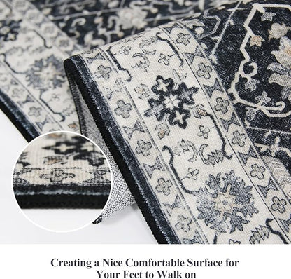 Hallway Washable Runner Rug - 2x7 Kitchen Rugs Entryway Rug Runner Vintage Soft Floor Mat Non Slip Indoor Farmhouse Carpet for Bathroom Living Room Bedroom (2 X 7, Black)