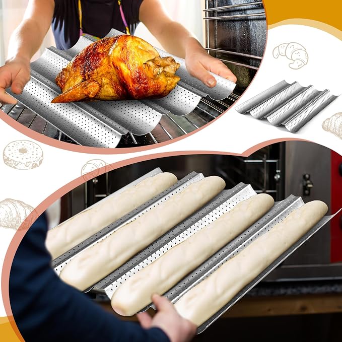 Mifoci 6 Pcs Baguette Bread Pan Nonstick Perforated Baguette Pan 15" x 13" Carbon Steel Mold 4 Wave Loaves Loaf Oven Tray for Sourdough French Bread Baking(Silver)