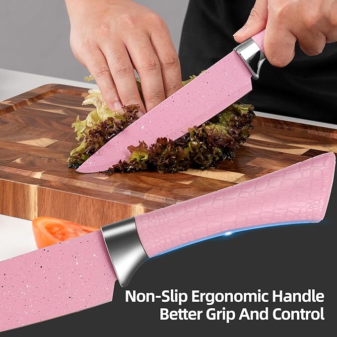 TJ POP Kitchen Knife Set with Peeler and Scissors, 6 PCS Rustproof Sharp Chef Knives Set with Food Grade Non-Stick Coated Stainless Steel Blades, Cute Pink Knife Set for Home Restaurant Camping BBQ