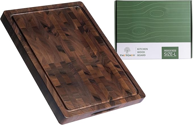 THETCHRY Walnut Wood Cutting Boards for Kitchen, End Grain Chopping Board Double Sided, Large Cutting Board with Handle, Charcuterie Butcher Block for Meal Prep & Serving with Gift Box, 17"×13"×1"