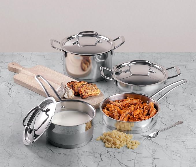 Vinod Classic Deluxe Stainless Steel Cookware Combo Set of 4 Pcs/Saucepan, Saucepot, Kadai and Frypan/Deep Kadhai for Cooking/Heavy Induction Bottom