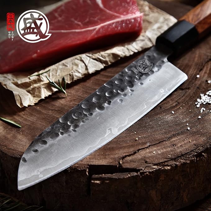 MITSUMOTO SAKARI 7-Inch Japanese Santoku Knife | Wide Santoku blade, 7-inch control, hand forged 3-layer 9Cr18MoV steel, rosewood handle